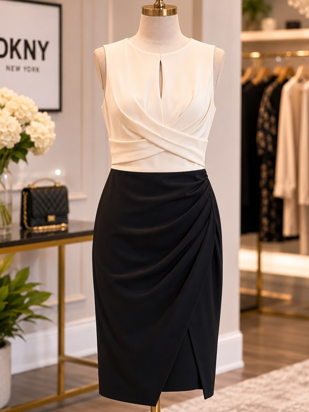 DKNY Colorblock Faux Wrap Sheath Dress Ivory Black Size 10 Wedding Guest Career